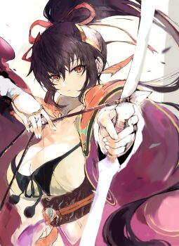 1girl arrow_(projectile) black_hair bow_(weapon) breasts brown_eyes cleavage expressionless fingernails hair_ribbon highres large_breasts long_hair looking_at_viewer ponytail rance_(series) ribbon sengoku_rance simple_background solo tsutsugano weapon white_background yamamoto_isoroku_(rance)