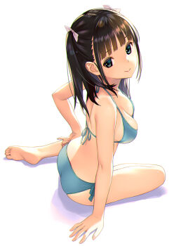 1girl ass bare_arms bare_legs bare_shoulders barefoot bikini black_hair blue_bikini blue_ribbon blunt_bangs breasts cleavage closed_mouth commentary_request feet from_above full_body green_eyes hair_ribbon halterneck koutaro long_hair looking_at_viewer looking_up medium_breasts original ribbon side-tie_bikini_bottom simple_background sitting smile soles solo string_bikini swimsuit twitter_username two_side_up white_background white_ribbon