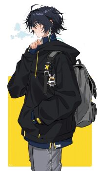 1boy absurdres alternate_costume asaba_harumasa asaboo_(zenless_zone_zero) backpack bag bangboo_(zenless_zone_zero) black_hair black_hoodie blush breath charm_(object) commentary dintoge earphones from_side hair_between_eyes hand_in_pocket highres hood hood_down hoodie long_sleeves male_focus parted_lips profile simple_background sleeves_past_wrists solo symbol-only_commentary two-tone_background yellow_eyes zenless_zone_zero zipper zipper_pull_tab