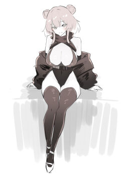 Rule 34 | 1girl, absurdres, arms at sides, bare shoulders, belt, bikini, black belt, black bikini, black jacket, black leotard, black thighhighs, blush, breasts, cleavage, closed mouth, commentary, covered navel, double bun, full body, grey background, grey eyes, grey hair, hair bun, head tilt, heattech leotard, high belt, highleg, highleg leotard, highres, jacket, large breasts, leotard, light smile, long hair, long sleeves, looking at viewer, nisokurui, off shoulder, open clothes, open jacket, original, shoes, sitting, solo, swimsuit, thighhighs, turtleneck, two-tone background, white background, white shoes