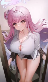 1girl absurdres alternate_costume black_jacket black_shorts blue_archive breasts button_gap cleavage closed_mouth collarbone commentary_request dolphin_shorts feathered_wings hair_bun halo highres indoors jacket korean_commentary large_breasts looking_at_viewer low_wings mika_(blue_archive) off_shoulder pink_hair pink_halo ryu_o shirt shorts single_hair_bun single_side_bun smile solo thick_thighs thighs white_shirt white_wings wings yellow_eyes