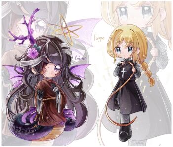 1boy 1girl armor black_hair blonde_hair chibi degrees_of_lewdity fayne_(degrees_of_lewdity) horns monster_girl nona_(degrees_of_lewdity) single_horn whip