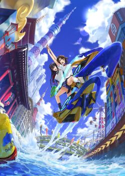Rule 34 | 2girls, :d, aoi misa, arm up, bare legs, billboard, black hair, blue eyes, blue skirt, blue sky, breasts, bridge, brown hair, building, buoy, city, cityscape, cloud, day, dolphin, from below, game cg, green eyes, hair ornament, hairclip, highres, holding, holding water gun, interlocked fingers, jet ski, kaminarimon, kandagawa jet girls, koinobori, lens flare, medium breasts, midair, multiple girls, namiki rin, naruko hanaharu, non-web source, official art, open mouth, outdoors, pleated skirt, red ribbon, ribbon, river, school uniform, shirt, shoes, sitting, skirt, sky, skyscraper, smile, socks, standing, sun, teeth, temple gate, thighs, tokyo (city), tokyo city hall, tokyo skytree, tokyo tower, upper teeth only, wake (wave), water, water gun, watercraft, white shirt, white socks, windsock