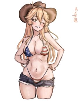 1girl absurdres american_flag american_flag_bikini american_flag_print bikini black_shorts blonde_hair blue_eyes breasts cowboy_hat cutoffs dated denim denim_shorts flag_print flag_print_bikini grin hands_on_own_hips hat highleg highleg_bikini highres iowa_(kancolle) kantai_collection large_breasts lilshigu one_eye_closed parted_lips print_bikini short_shorts shorts simple_background smile solo swimsuit twitter_username white_background
