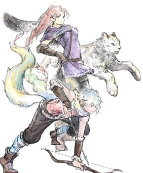 1boy 1girl arrow_(projectile) boots bow_(weapon) brown_boots brown_hair commentary_request cosplay costume_switch h'aanit_(octopath_traveler) hand_on_own_hip highres holding holding_bow_(weapon) holding_weapon leaning_forward linde_(octopath_traveler) long_hair looking_ahead octopath_traveler octopath_traveler_i qqqqqli simple_background snow_leopard standing therion_(octopath_traveler) weapon white_background white_hair