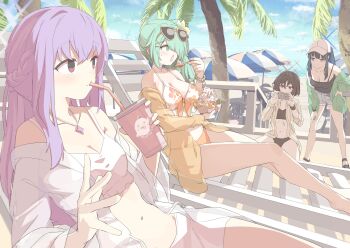 4girls arius_squad_(blue_archive) atsuko_(blue_archive) atsuko_(swimsuit)_(blue_archive) beach bikini black_hat blue_archive breasts cleavage cloud cup day drinking_straw drinking_straw_in_mouth eating eyewear_on_head floral_print flower food hair_flower hair_ornament hair_over_one_eye hairclip halo hat hiyori_(blue_archive) hiyori_(swimsuit)_(blue_archive) holding holding_cup jacket large_breasts long_hair medium_breasts misaki_(blue_archive) misaki_(swimsuit)_(blue_archive) momiji_oroshi multiple_girls navel off_shoulder open_clothes open_jacket outdoors purple_hair reclining red_eyes saori_(blue_archive) saori_(swimsuit)_(blue_archive) shorts sky small_breasts squatting standing sunglasses sweat swimsuit white_bikini white_hat