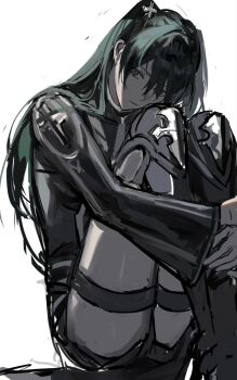 1girl armored_boots belt black_boots black_jacket black_order_uniform black_shorts black_skirt boots cross d.gray-man green_hair grey_eyes hair_between_eyes hair_ornament hair_over_shoulder hairclip hugging_own_legs jacket lenalee_lee long_hair long_sleeves looking_at_viewer miniskirt shachi_ark shorts sidelocks simple_background sitting skirt solo striped_clothes striped_jacket thigh_strap thighs twintails vertical-striped_clothes vertical-striped_jacket very_long_hair white_background wide_sleeves