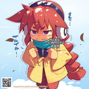 1girl blue_eyes blue_scarf braid clenched_hands clenched_teeth cold commentary_request cropped_legs dotera_(clothes) earmuffs korone_(metata) long_hair long_sleeves metata motion_lines multicolored_eyes original pants pixiv_id qr_code red_eyes red_hair red_pants scarf sidelocks single_braid snot solo tearing_up teeth trembling two-tone_eyes very_long_hair watermark web_address wide_sleeves