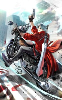 Rule 34 | 1boy, absurdres, baehee5502, black boots, black gloves, black pants, blue eyes, boots, coat, commentary request, dante (devil may cry), dated, devil may cry, devil may cry (series), devil may cry 3, finger on trigger, fingerless gloves, full body, furrowed brow, gloves, grey hair, grin, gun, handgun, highres, holding, holding gun, holding weapon, korean commentary, long coat, looking at viewer, male focus, motor vehicle, motorcycle, on motorcycle, pants, parted bangs, parted lips, rebellion (sword), red coat, short hair, smile, solo, sword, sword on back, teeth, weapon, weapon on back