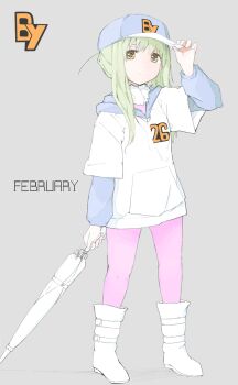 1girl amber_(darker_than_black) baseball_cap boots darker_than_black full_body green_hair hat highres hood hoodie kinomoto_(nazonoinu) long_hair pantyhose solo umbrella yellow_eyes