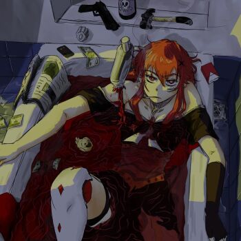 1girl album_cover anarchy_(asteria) asteria_(musician) banknote bare_shoulders bath bath_of_blood bathroom bathtub black_dress black_gloves blood body_writing bright_pupils cigarette cigarette_pack closed_mouth commentary cover cowboy_shot dim_lighting double-parted_bangs dress english_commentary fingerless_gloves gloves gun hair_between_eyes hair_ornament hammer handgun highres hkk_neighborhood in_bathtub indoors knee_up long_hair looking_at_viewer lying money mouth_hold newspaper off-shoulder_dress off_shoulder on_back poison red_eyes red_hair rubber_duck scar scar_on_face short_sleeves sidelocks single_fingerless_glove single_glove smoking solo weapon white_pupils x_hair_ornament