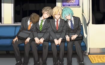 Rule 34 | 4boys, aged up, bag on lap, black bag, black footwear, black pants, black suit, briefcase, chair, closed eyes, diagonal-striped clothes, diagonal-striped necktie, ensemble stars!, feet out of frame, formal clothes, grey socks, half-closed eyes, head bowed, head on another's shoulder, heads together, highres, indoors, leaning on person, male focus, mashiro tomoya, megumino daichi, multiple boys, necktie, night, nito nazuna, on chair, pants, poster (object), shino hajime, shoulder-to-shoulder, sitting, sleeping, sleeping on person, sleeping upright, sliding doors, socks, straight-on, striped clothes, suit, tenma mitsuru, third-party source, train interior, u u, uniform, v arms, window