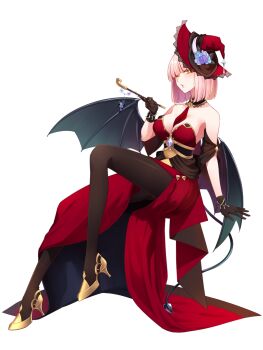 1girl bare_shoulders black_gloves black_pantyhose blunt_bangs breasts cleavage dairoku_ryouhei demon_tail demon_wings dress full_body gloves hat high_heels highres holding holding_smoking_pipe invisible_chair kiseru megan_quinn pantyhose pink_hair red_dress red_hat shoes sitting smoking_pipe tail wings yellow_eyes yellow_shoes