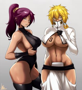 2girls absurdres arrancar black_thighhighs bleach blonde_hair breast_tattoo breasts cleavage covered_erect_nipples curvy dark-skinned_female dark_skin female_focus gloves grey_background hair_between_eyes high_collar high_ponytail highres hollow_(bleach) jmg large_breasts leotard looking_at_viewer multiple_girls muscular muscular_female navel no_bra no_panties number_tattoo open_clothes ponytail pulling_own_clothes purple_hair revealing_clothes shihouin_yoruichi shrug_(clothing) sideboob skindentation stomach tattoo thick_thighs thighhighs thighs tier_harribel trait_connection turtleneck underboob wide_hips