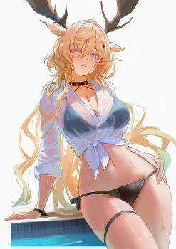 1girl absurdres alternate_costume animal_ears antlers arknights arm_support bikini bikini_top_under_shirt bikini_under_clothes black_bikini black_choker blonde_hair breasts choker cleavage commentary_request cover deer_antlers deer_ears deer_girl hair_between_eyes hair_intakes hair_ornament highres horns large_breasts long_hair looking_at_viewer navel poolside purple_eyes see-through_clothes see-through_shirt shirt simple_background skindentation sleeves_rolled_up solo stomach swimsuit textless_version thigh_strap thighs tied_shirt uof viviana_(arknights) wet wet_clothes wet_shirt white_background white_shirt x_hair_ornament