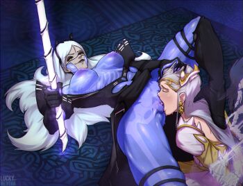 2girls arms_behind_back assertive_female black_dress black_eyeshadow black_lips blush bone boots bound bound_arms braid commission commissioner_upload crown_braid cunnilingus dress earrings eir_(fire_emblem) eir_(life_ascendant)_(fire_emblem) eyeshadow femdom fingernails fire_emblem fire_emblem_heroes ganglot_(fire_emblem) gradient_clothes gradient_hair high_heel_boots high_heels jewelry knee_boots licking lips long_dress long_hair looking_at_another luckymentha makeup multicolored_hair multiple_girls nintendo nipples open_mouth oral restrained saliva scythe see-through_body see-through_clothes skeleton smile smug tongue yuri