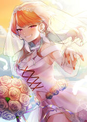 Rule 34 | 1girl, aneco (westsea1227), bouquet, breasts, bridal veil, cleavage, dress, earrings, feather earrings, feathers, floating hair, flower, gradient hair, green hair, hair behind ear, holding, holding bouquet, hololive, hololive english, jewelry, long hair, medium breasts, multicolored hair, orange hair, orange nails, pink eyes, ring, rose, smile, solo, takanashi kiara, takanashi kiara (casual), veil, virtual youtuber, wedding dress, wedding ring, white dress, white flower, white rose