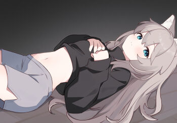 Rule 34 | 1girl, animal ear fluff, animal ears, black shirt, blue eyes, blush, brown hair, closed mouth, clothes lift, commentary request, grey shorts, hair between eyes, hands up, highres, long hair, long sleeves, looking at viewer, lying, navel, on back, original, own hands together, puffy long sleeves, puffy sleeves, riya (01214), shirt, shirt lift, shorts, sleeves past wrists, solo, stomach, very long hair