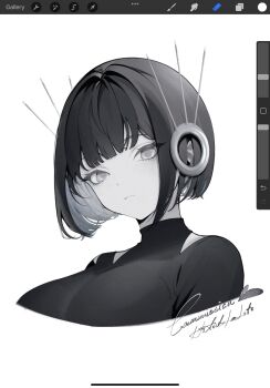 1girl art_program_in_frame breasts closed_mouth commentary commission cropped_shoulders greyscale highres large_breasts looking_at_viewer monochrome original shirt short_hair siiar_(lvlcmxcix) simple_background solo turtleneck turtleneck_shirt white_background