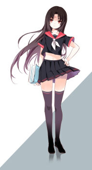 1boy absurdres alternate_costume black_hair book closed_mouth commentary_request crossdressing crossdressing_(mtf) facial_mark fire_emblem fire_emblem:_path_of_radiance forehead_mark full_body highres holding holding_book long_hair male_focus mana_(tonyandtony) midriff neckerchief nintendo over-kneehighs pleated_skirt red_eyes school_uniform serafuku skirt solo soren_(fire_emblem) thighhighs thighs trap variant_set very_long_hair