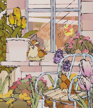 3d animal_focus animated animated_gif bird black_eyes blender_(medium) blinders bright_pupils bush chair charmander commentary english_commentary fire flame-tipped_tail flower gen_1_pokemon kcamberart lawn_chair looking_at_another looking_through_window low_poly nintendo no_humans on_chair on_windowsill outdoors pidgey pink_flower pink_tulip plant pokemon pokemon_(creature) potted_plant purple_flower solo_focus tail tulip white_pupils yellow_flower yellow_tulip