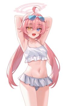 1girl armpits bare_arms bare_shoulders bikini blue-tinted_eyewear blue_archive blue_eyes commentary eyewear_on_head fang frilled_bikini frills hair_between_eyes halo heterochromia highres hoshino_(blue_archive) hoshino_(swimsuit)_(blue_archive) long_hair looking_at_viewer low_twintails manjie navel official_alternate_costume official_alternate_hairstyle open_mouth pink_hair pink_halo solo stomach sunglasses swimsuit tinted_eyewear twintails very_long_hair white_bikini yellow_eyes