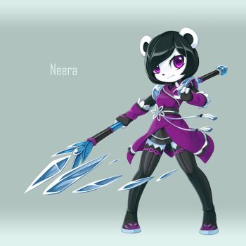 1girl animal_ears animal_nose arm_guards bad_tag black_gloves black_hair black_skirt chinese_knot fingerless_gloves freedom_planet freedom_planet_2 furry furry_female gloves highres lordyanyu neera_li panda panda_ears panda_girl polearm purple_eyes short_hair skirt solo weapon