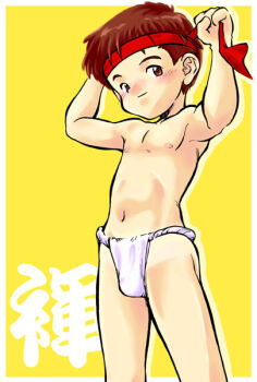 1boy border fundoshi headband japanese_clothes kamisae male_focus nipples original shota solo topless_male yellow_background