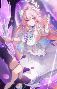 1girl absurdres bare_shoulders black_thighhighs breasts commentary cyrene_(honkai:_star_rail) cyrene_(ripples_of_past_reverie)_(honkai:_star_rail) dress high_heels highres honkai:_star_rail honkai_(series) large_breasts long_hair multicolored_hair on_swing ooo_wange pink_hair planet pointy_ears purple_eyes smile solo space swing thighhighs two-tone_hair very_long_hair white_dress white_hair