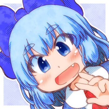 1girl ascot blue_bow blue_dress blue_eyes blue_hair blush bow cirno collared_shirt dress fang hair_bow matty_(zuwzi) medium_hair open_mouth red_ascot shirt smile solo touhou white_shirt