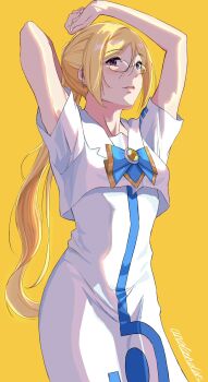 1girl alicia_florence andanden aria_(manga) aria_company_uniform arms_up blonde_hair blue_bow blue_bowtie bow bowtie breasts cowboy_shot dress earrings glasses gold_trim hair_between_eyes highres impossible_clothes impossible_dress jewelry long_hair looking_at_viewer parted_lips print_dress purple_eyes sailor_collar shadow short_sleeves signature simple_background solo very_long_hair white_dress yellow_background