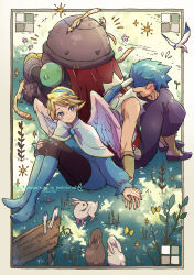 Rule 34 | 1boy, 1girl, 1other, absurdres, back-to-back, bird, black pantyhose, blonde hair, blue brooch, blue eyes, blue hair, blue hairband, blush, breath of fire, breath of fire iv, bug, butterfly, cape, capelet, ershin, hairband, highres, holding hands, insect, kneehighs, knees to chest, long sleeves, maruno, nina (breath of fire iv), pantyhose, ponytail, rabbit, red cape, ryuu (breath of fire iii), shirt, short hair, sign, sitting, sleeveless, sleeveless shirt, socks, twitter username, white capelet, wings