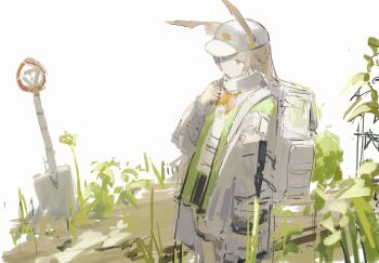 Rule 34 | 1girl, absurdres, amiya (arknights), amiya (seedsower) (arknights), animal ears, arknights, backpack, bag, baseball cap, blue eyes, brown hair, closed mouth, coat, commentary request, cowboy shot, ears through headwear, grass, hat, highres, jacket, long hair, long sleeves, neckerchief, orange neckerchief, plant, rabbit ears, rabbit girl, shirt, shovel, solo, standing, white background, white bag, white coat, white hat, white jacket, white shirt, yoioisss