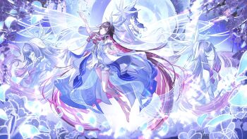 1girl absurdres bare_shoulders black_hair blue_flower blunt_ends canop_s closed_eyes columbina_(genshin_impact) commentary dress english_commentary eye_mask feathers floating flower genshin_impact hair_ornament head_wings highres long_hair mask moon multicolored_hair multiple_views petals pink_hair purple_eyes purple_hair second-party_source streaked_hair two-tone_hair unusually_open_eyes very_long_hair white_dress white_wings wings