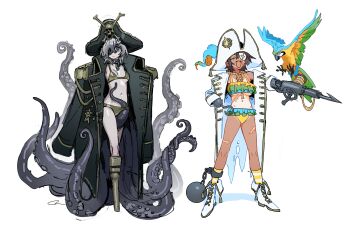 2girls absurdres ball_and_chain_restraint bicorne bikini bikini_skirt bird blue-and-yellow_macaw boots breasts chain closed_eyes epaulettes eyepatch frilled_bikini frills gold_bikini harpoon harpoon_gun hat high_heel_boots high_heels highres hook_hand jacket macaw military_jacket monster_girl multicolored_bikini multiple_girls open_clothes open_jacket open_mouth original parrot peg_leg pirate pirate_costume pirate_hat prosthesis prosthetic_arm prosthetic_leg scar scar_on_chest scar_on_face scar_on_leg scylla shoes short_hair skull_and_crossbones swimsuit tentacles vile_domple white_shoes