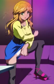 1girl angry black_legwear breasts corset female_focus green_eyes high_heels highres m_ogui:_last_order orange_hair panties skirt solo underwear white_panties