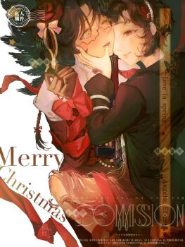 2girls animal_ears anyan3398409 black_hair blush bound brown_hair christmas_tree commission gun_to_chin hair_ornament highres looking_at_another merry_christmas multiple_girls oc_x_canon original ribbon schneider_(reverse:1999) smile tied_up_(nonsexual) yuri