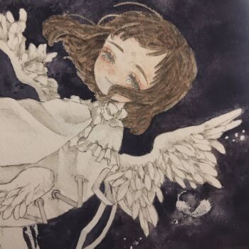 1girl acrylic_paint_(medium) angel_wings blush brown_eyes brown_hair commentary_request dark_background dress feathers floating frilled_dress frills highres karintoun looking_at_viewer medium_hair original painting_(medium) portrait swept_bangs traditional_media watercolor_(medium) wavy_hair white_dress wings
