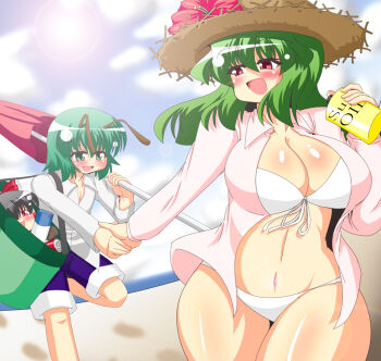 Rule 34 | 2girls, akasode (tyaramu), beach, bikini, blush, breasts, curvy, day, female focus, front-tie top, green eyes, green hair, hakurei reimu, hat, hip focus, hot, huge breasts, kazami yuuka, multiple girls, navel, open mouth, outdoors, parasol, phantasmagoria of flower view, red eyes, running, shiny skin, shirt, short hair, swimsuit, touhou, umbrella, white bikini, wide hips, wriggle nightbug, yukkuri shiteitte ne