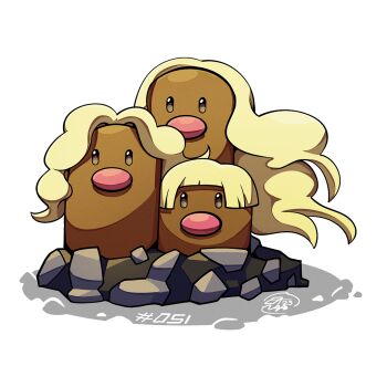 alolan_dugtrio alolan_form blonde_hair gen_7_pokemon long_hair looking_at_viewer mistray-art nintendo no_humans numbered pokemon pokemon_(creature) signature simple_background white_background