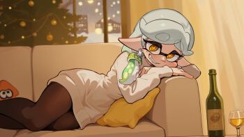 1girl alcohol alternate_costume alternate_hairstyle black_pantyhose blush bottle christmas_tree couch cup curtains dress drinking_glass earrings facing_viewer fangs green_hair grey_hair grin head_on_hand indoors inkling jewelry laz_gm looking_at_viewer lying marie_(splatoon) mole mole_under_eye multicolored_hair nintendo on_couch on_side pantyhose pillow pointy_ears smile solo splatoon_(series) stuffed_toy sweater sweater_dress tentacle_hair two-tone_hair white_wine wide_hips window wine wine_bottle wine_glass yellow_eyes