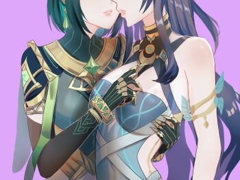 2girls aoiabyss bare_shoulders black_gloves blue_dress breasts claws cleavage commentary dress elbow_gloves genshin_impact gloves green_hair hand_on_another&#039;s_back highres large_breasts lauma_(genshin_impact) long_hair multiple_girls nefer_(genshin_impact) parted_lips purple_background purple_hair short_hair simple_background smile yuri