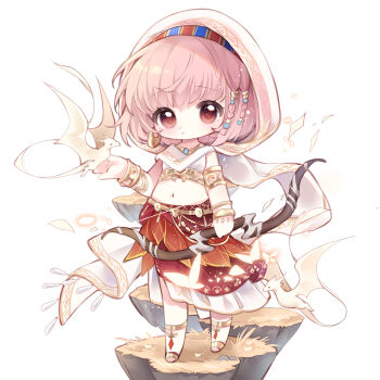 1girl absurdres anklet armlet bare_shoulders barefoot_sandals_(jewelry) beads belt blue_hairband border bow_(weapon) bracelet braid bug butterfly chibi chinese_commentary cloak closed_mouth commentary_request creature_on_hand crop_top dot_nose dragon earrings expressionless eyelashes floating_island full_body gold_anklet gold_armlet gold_belt gold_bracelet gold_earrings hair_beads hair_ornament hair_tubes hairband highres holding holding_bow_(weapon) holding_weapon hood hood_up hooded_cloak hoop_earrings infinity_nikki insect jewelry layered_skirt light_particles long_skirt midriff multicolored_hairband multiple_bracelets nikki_(nikki) nikki_(series) nuli_de_chengzhi_er pink_eyes pleated_skirt purifying_wind_(infinity_nikki) red_hairband red_skirt shirt side_braids simple_background skirt sleeveless sleeveless_shirt small_dragon solo standing tareme twin_braids two-tone_hairband variant_set weapon white_background white_cloak white_shirt white_skirt wind