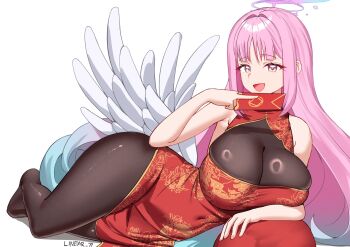Rule 34 | 1girl, alternate breast size (larger), angel wings, blue archive, breasts, china dress, chinese clothes, commentary, covered navel, dragon print, dress, eastern dragon print, english commentary, feathered wings, gradient hair, gradient halo, halo, hand fan, highres, holding, holding fan, large breasts, linear 71, long hair, low wings, mika (blue archive), multicolored eyes, multicolored hair, multicolored halo, open mouth, pantyhose, pink hair, pink halo, print dress, red dress, simple background, smile, solo, two-tone eyes, white background, white wings, wings, yellow eyes
