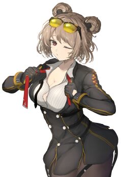 1girl absurdres black_gloves black_pantyhose breasts brown_hair cleavage closed_mouth commentary cosplay double_bun eyewear_on_head girls'_frontline gloves hair_bun highres looking_at_viewer mariko_y7 multicolored_gloves necktie one_eye_closed p90_(girls'_frontline) pantyhose partially_unbuttoned red_eyes red_necktie short_hair simple_background solo sunglasses two-tone_gloves wa2000_(girls'_frontline) wa2000_(girls'_frontline)_(cosplay) white_background yellow_gloves