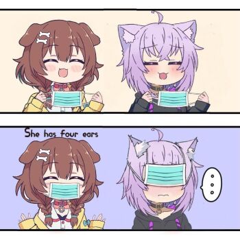 ... 2girls ^_^ animal_ear_fluff animal_ears artist_request bad_tag black_hoodie blush blush_stickers bone_hair_ornament bow brown_hair cat_ears cat_girl closed_eyes collar comic dog_ears dog_girl dress english_text frown hair_between_eyes hair_ornament hair_tied helmet holding holding_mask hololive hood hoodie inugami_korone inugami_korone_(1st_costume) jacket mask mask_on_head multiple_girls nekomata_okayu nekomata_okayu_(1st_costume) purple_hair sleeves_past_wrists speech_bubble virtual_youtuber white_dress yellow_jacket