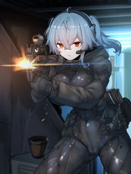 Rule 34 | absurdres, aiming, aiming at viewer, bodysuit, breasts, bullpup, covered navel, grey hair, gun, hair between eyes, headset, highres, holding, holding gun, holding weapon, impossible bodysuit, impossible clothes, impossible leotard, large breasts, leotard, m004 (natsukaze shigure), medium hair, natsukaze shigure, original, p90, skin tight, submachine gun, thighs, weapon