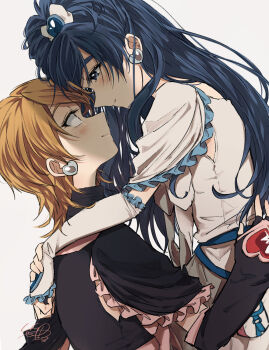 2girls black_capelet black_gloves black_sleeves blue_eyes blue_hair brooch brown_hair capelet closed_mouth couple cure_black cure_white detached_sleeves dress earrings eye_contact fingerless_gloves frilled_capelet frills futari_wa_precure gloves grey_background heart heart_brooch heart_earrings highres jewelry long_hair looking_at_another misumi_nagisa multiple_girls precure sasano-01 short_hair smile very_long_hair white_capelet white_dress white_sleeves yukishiro_honoka yuri