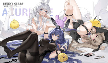&gt;_&lt; +_+ 2023 3girls :3 absurdly_long_hair absurdres aged_up alternate_costume anchor_symbol anchorage_(azur_lane) animal_ears arm_strap ass azur_lane blue_eyes blue_hair bodystocking bow bowtie braid breasts choker covered_navel english_text fake_animal_ears flat_chest foot_out_of_frame hair_spread_out highres huge_breasts large_breasts le_malin_(azur_lane) le_malin_(listless_lapin)_(azur_lane) leotard leotard_under_clothes light_brown_hair long_hair long_sleeves looking_at_viewer low_twin_braids lying makeup_brush manjuu_(azur_lane) miqilinfeizainie multiple_girls navel new_jersey_(azur_lane) nontraditional_playboy_bunny o-ring o-ring_choker official_alternate_costume on_back on_stomach pantyhose playboy_bunny purple_bow purple_bowtie purple_eyes rabbit_ears rabbit_tail simple_background tail the_pose thigh_strap thighband_bodystocking traditional_bowtie twin_braids undersized_breast_cup very_long_hair white_background white_hair white_leotard white_pantyhose wrist_cuffs
