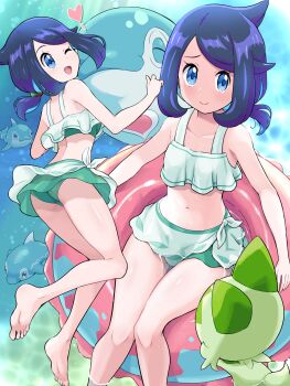 1girl ;d absurdres affectionate afloat bare_legs barefoot bikini black_hair blue_eyes closed_mouth collarbone commentary_request cowlick eyelashes feet green_bikini happy heart highres innertube knees liko_(pokemon) looking_up multiple_views navel nintendo one_eye_closed open_mouth palafin palafin_(zero) pokemoa pokemon pokemon_(anime) pokemon_(creature) pokemon_horizons ponytail short_ponytail smile soles sprigatito swim_ring swimsuit toes underwater water